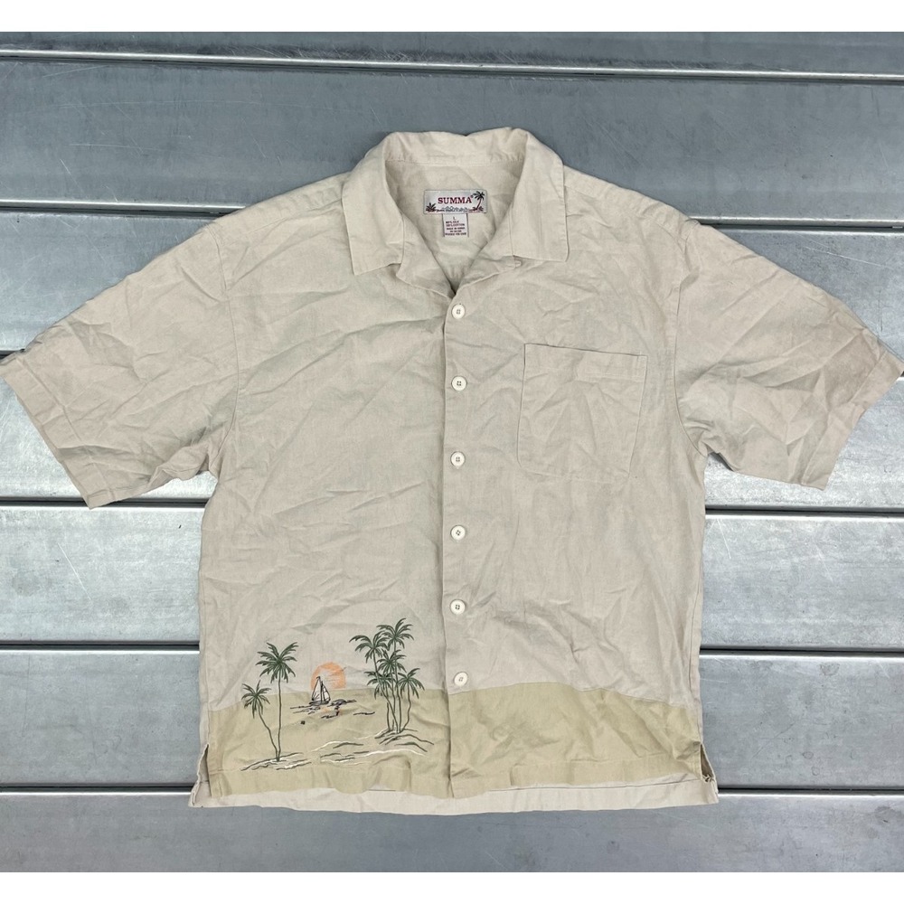 Summa‎ Embroidered Hawaiian Button Up Shirt Mens Large Beige Silk Blend